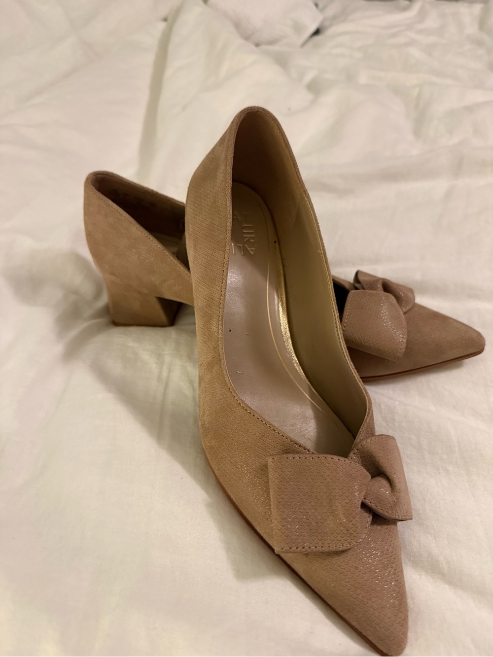Naturalizer Taupe Pointed Toe Block Heel Pumps with Bow Accent
